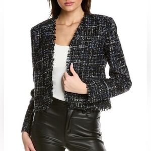 bagatelle Black Tweed Fringed Crop Jacket with Blue Threading
